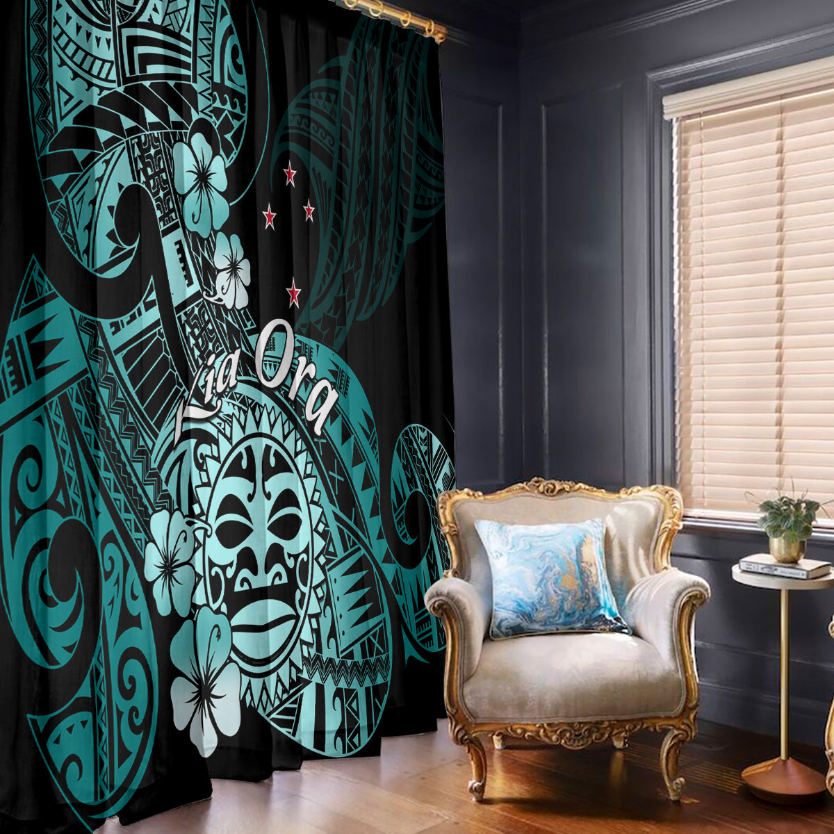 Aotearoa Kia Ora New Zealand Ta Moko Turquoise Version Window Curtain LT01 - Polynesian Pride
