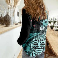 Aotearoa Kia Ora New Zealand Ta Moko Turquoise Version Women Casual Shirt LT01 - Polynesian Pride