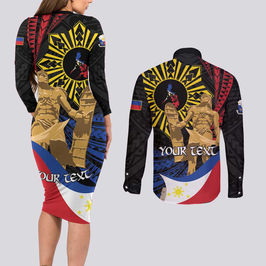 Personalized Lapulapu The First Filipino Hero Couples Matching Long Sleeve Bodycon Dress and Long Sleeve Button Shirt Polynesian Pattern LT01 - Polynesian Pride