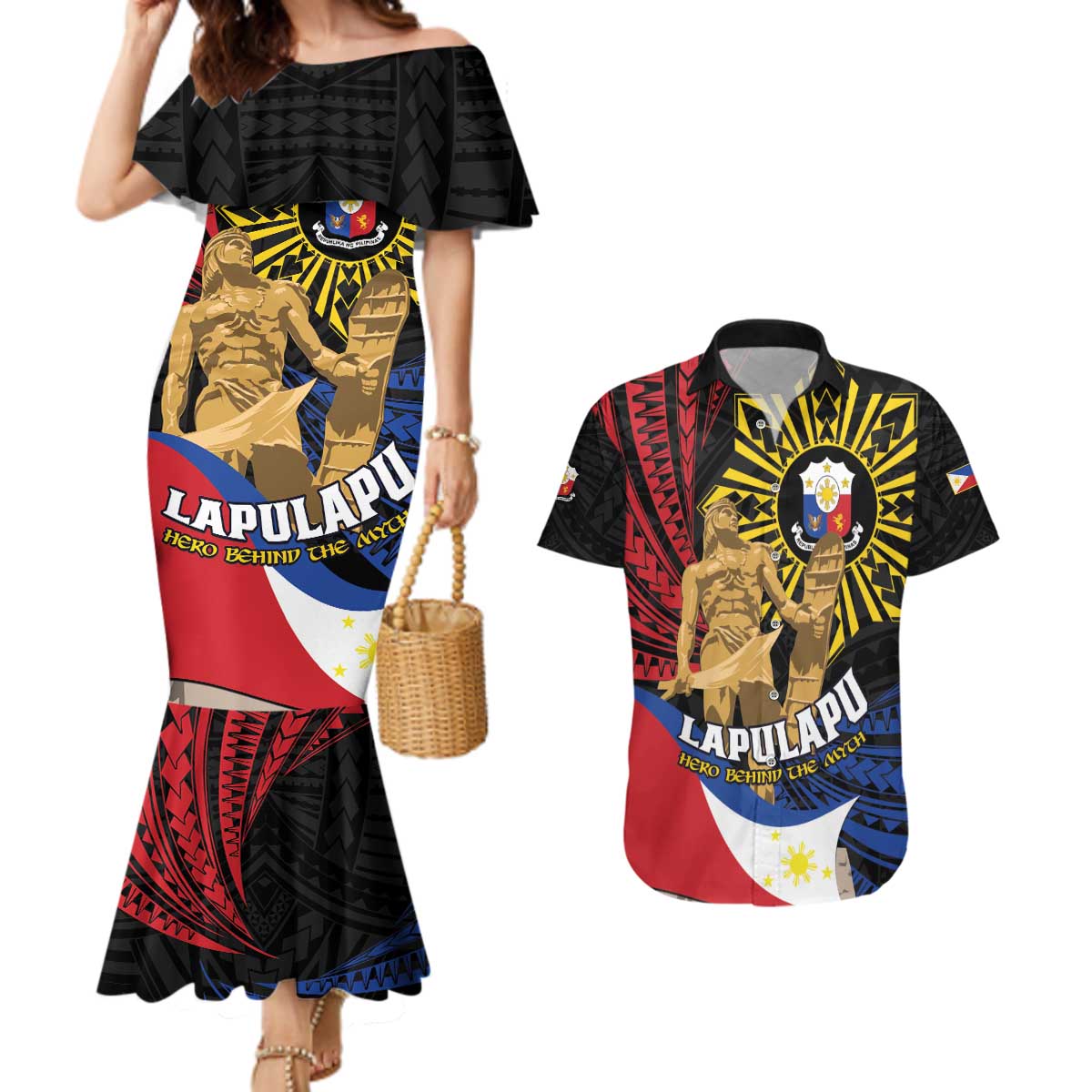 Personalized Lapulapu The First Filipino Hero Couples Matching Mermaid Dress and Hawaiian Shirt Polynesian Pattern LT01 Black - Polynesian Pride