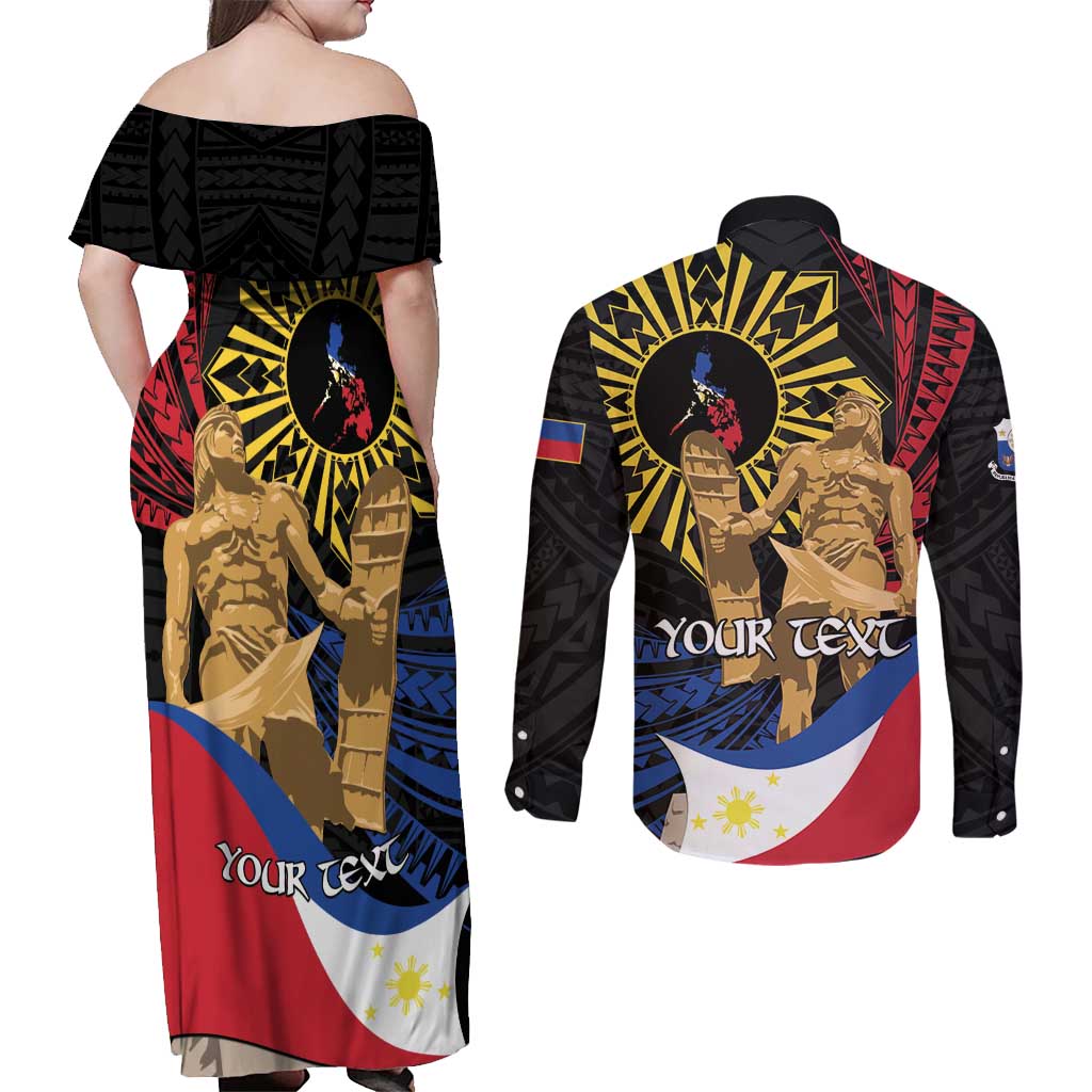 Personalized Lapulapu The First Filipino Hero Couples Matching Off Shoulder Maxi Dress and Long Sleeve Button Shirt Polynesian Pattern LT01 - Polynesian Pride