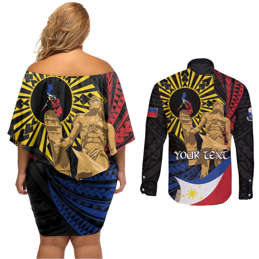 Personalized Lapulapu The First Filipino Hero Couples Matching Off Shoulder Short Dress and Long Sleeve Button Shirt Polynesian Pattern LT01 - Polynesian Pride