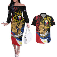 Personalized Lapulapu The First Filipino Hero Couples Matching Off The Shoulder Long Sleeve Dress and Hawaiian Shirt Polynesian Pattern LT01 Black - Polynesian Pride