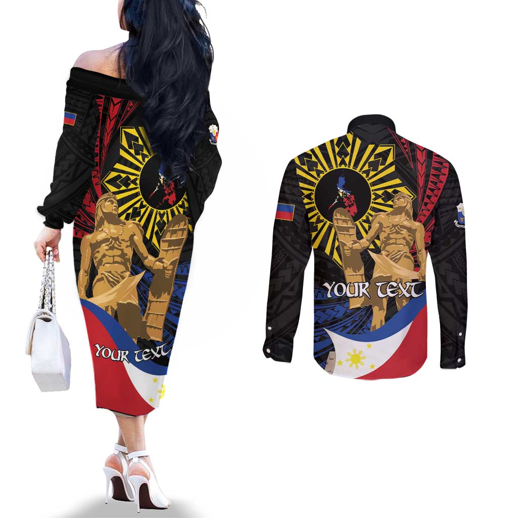 Personalized Lapulapu The First Filipino Hero Couples Matching Off The Shoulder Long Sleeve Dress and Long Sleeve Button Shirt Polynesian Pattern LT01 - Polynesian Pride