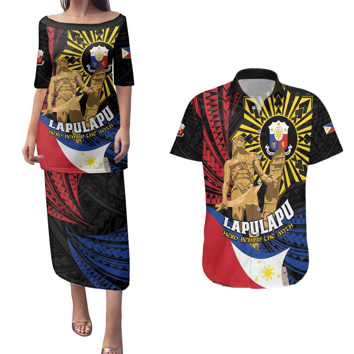 Personalized Lapulapu The First Filipino Hero Couples Matching Puletasi and Hawaiian Shirt Polynesian Pattern LT01 Black - Polynesian Pride