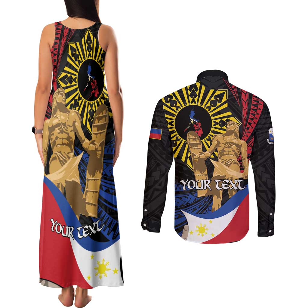 Personalized Lapulapu The First Filipino Hero Couples Matching Tank Maxi Dress and Long Sleeve Button Shirt Polynesian Pattern LT01 - Polynesian Pride