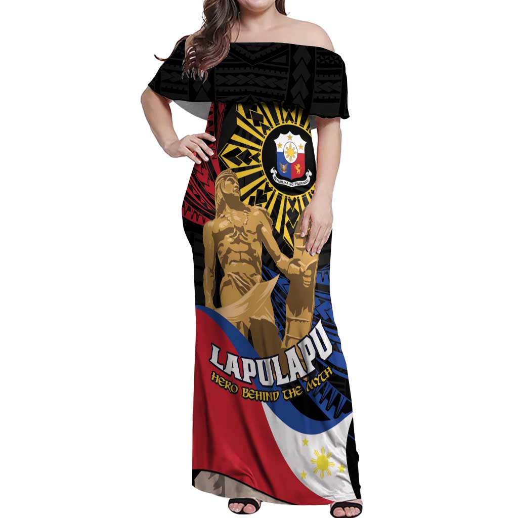 Personalized Lapulapu The First Filipino Hero Off Shoulder Maxi Dress Polynesian Pattern LT01 Women Black - Polynesian Pride