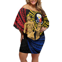 Personalized Lapulapu The First Filipino Hero Off Shoulder Short Dress Polynesian Pattern LT01 Women Black - Polynesian Pride