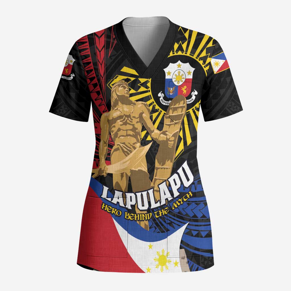 Personalized Lapulapu The First Filipino Hero Scrub Top Polynesian Pattern LT01 Adult Black - Polynesian Pride