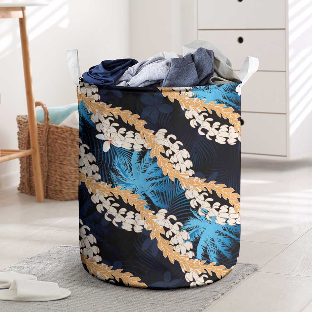 Puakenikeni Maile Lei Laundry Basket Frangipani Blue Tropical Leaves LT01 Blue - Polynesian Pride