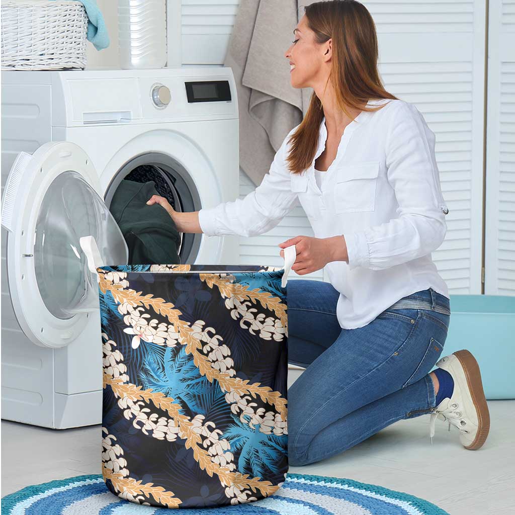 Puakenikeni Maile Lei Laundry Basket Frangipani Blue Tropical Leaves LT01 - Polynesian Pride
