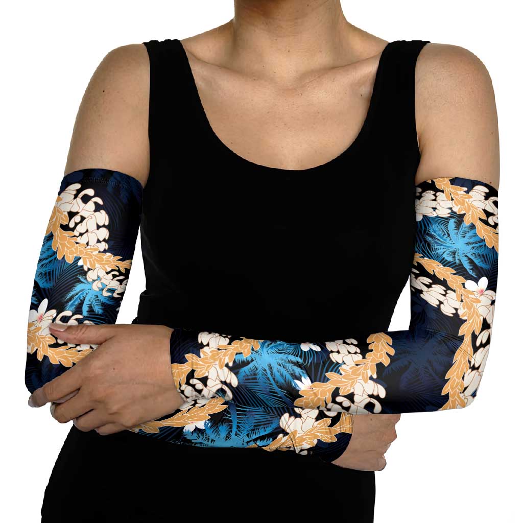 Puakenikeni Maile Lei Arm Sleeves Frangipani Blue Tropical Leaves