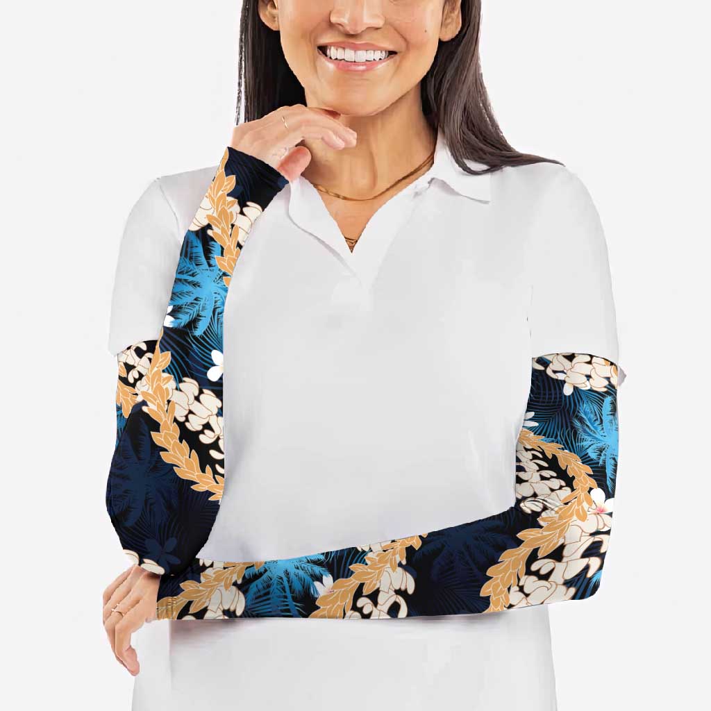 Puakenikeni Maile Lei Arm Sleeves Frangipani Blue Tropical Leaves