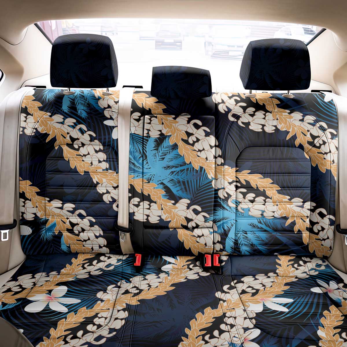 Puakenikeni Maile Lei Back Car Seat Cover Frangipani Blue Tropical Leaves LT01 - Polynesian Pride