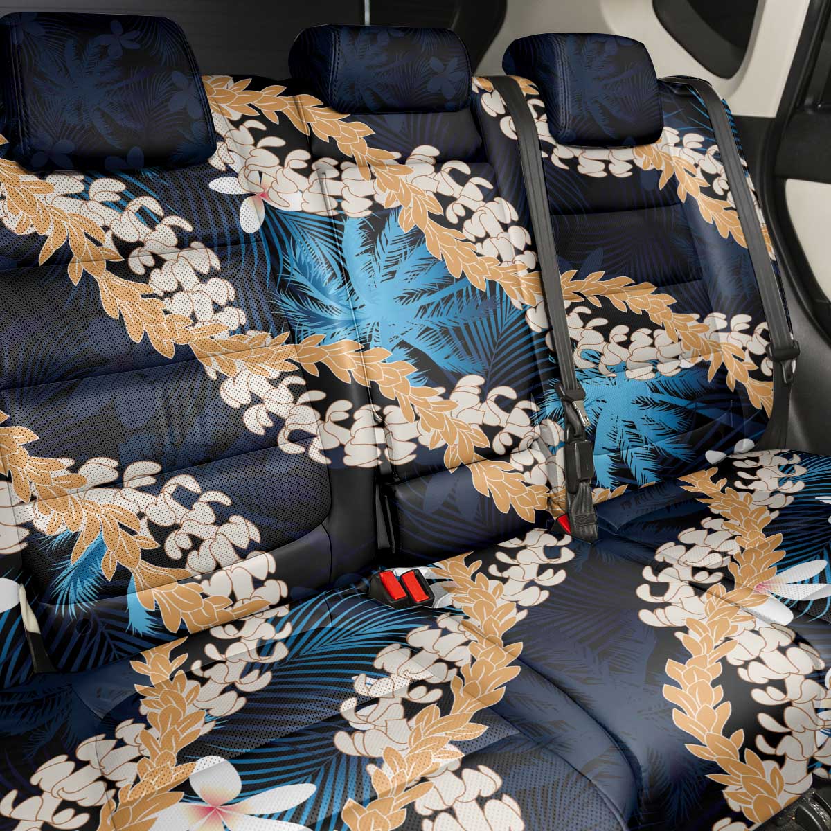 Puakenikeni Maile Lei Back Car Seat Cover Frangipani Blue Tropical Leaves LT01 - Polynesian Pride