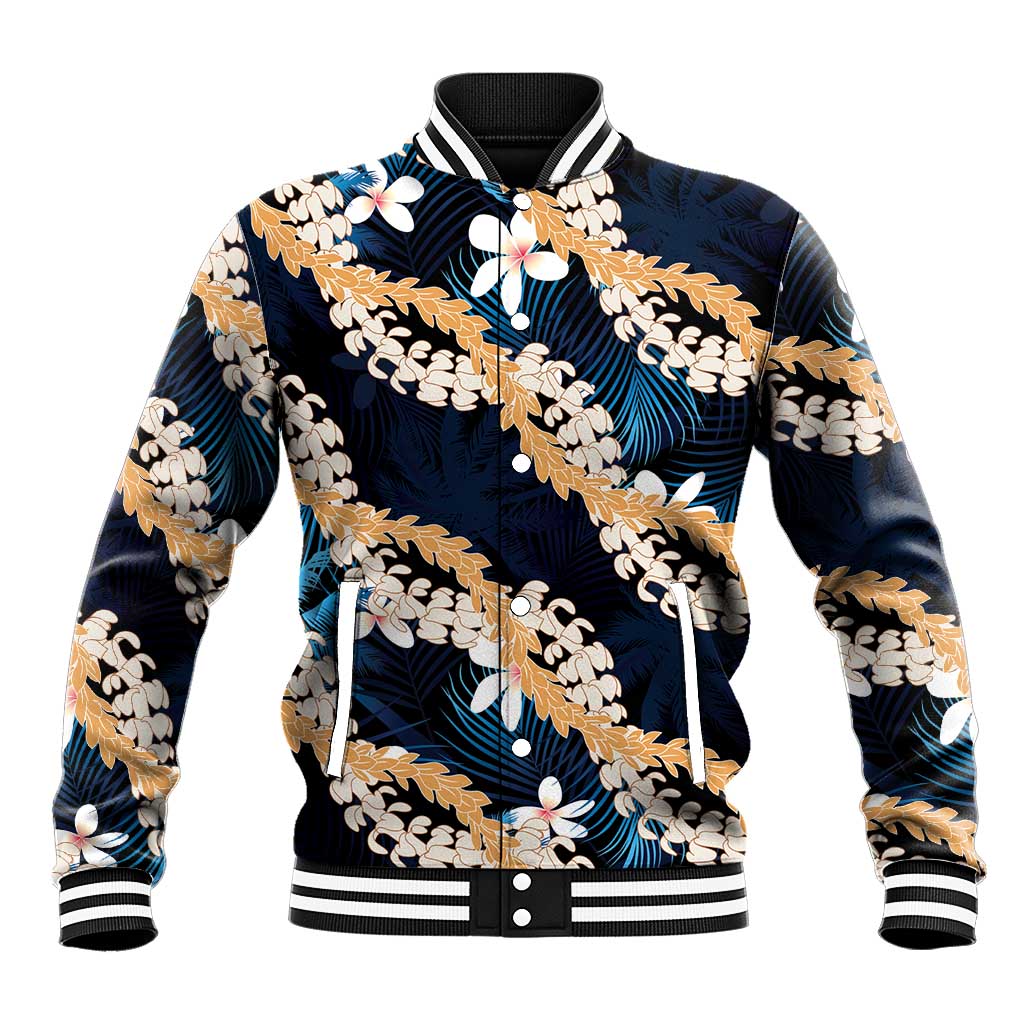 Puakenikeni Maile Lei Baseball Jacket Frangipani Blue Tropical Leaves LT01 Unisex Blue - Polynesian Pride