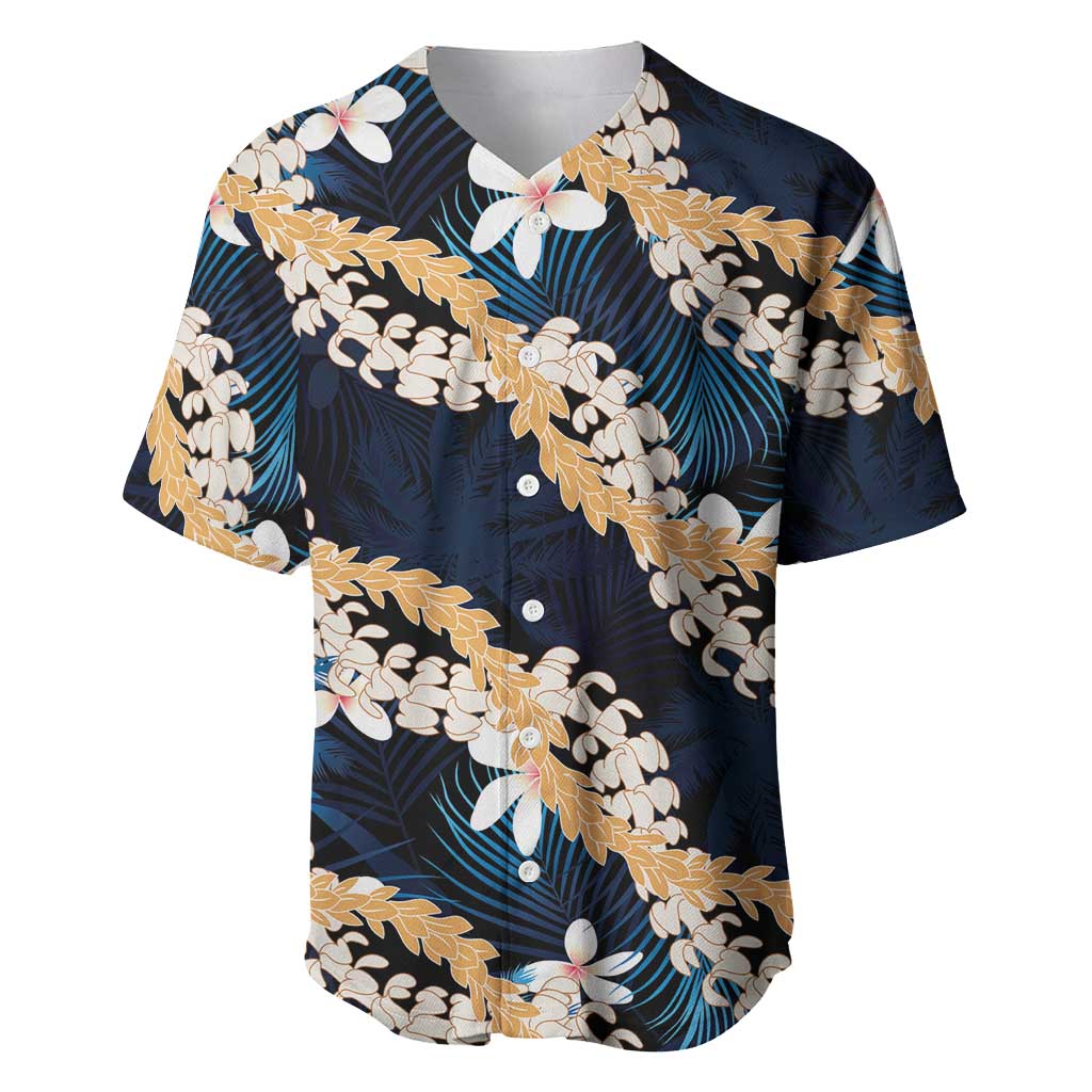 Puakenikeni Maile Lei Baseball Jersey Frangipani Blue Tropical Leaves LT01 Blue - Polynesian Pride