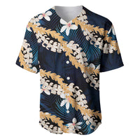 Puakenikeni Maile Lei Baseball Jersey Frangipani Blue Tropical Leaves LT01 Blue - Polynesian Pride