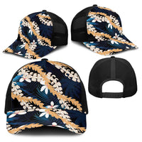 Puakenikeni Maile Lei Baseball Net Cap Frangipani Blue Tropical Leaves