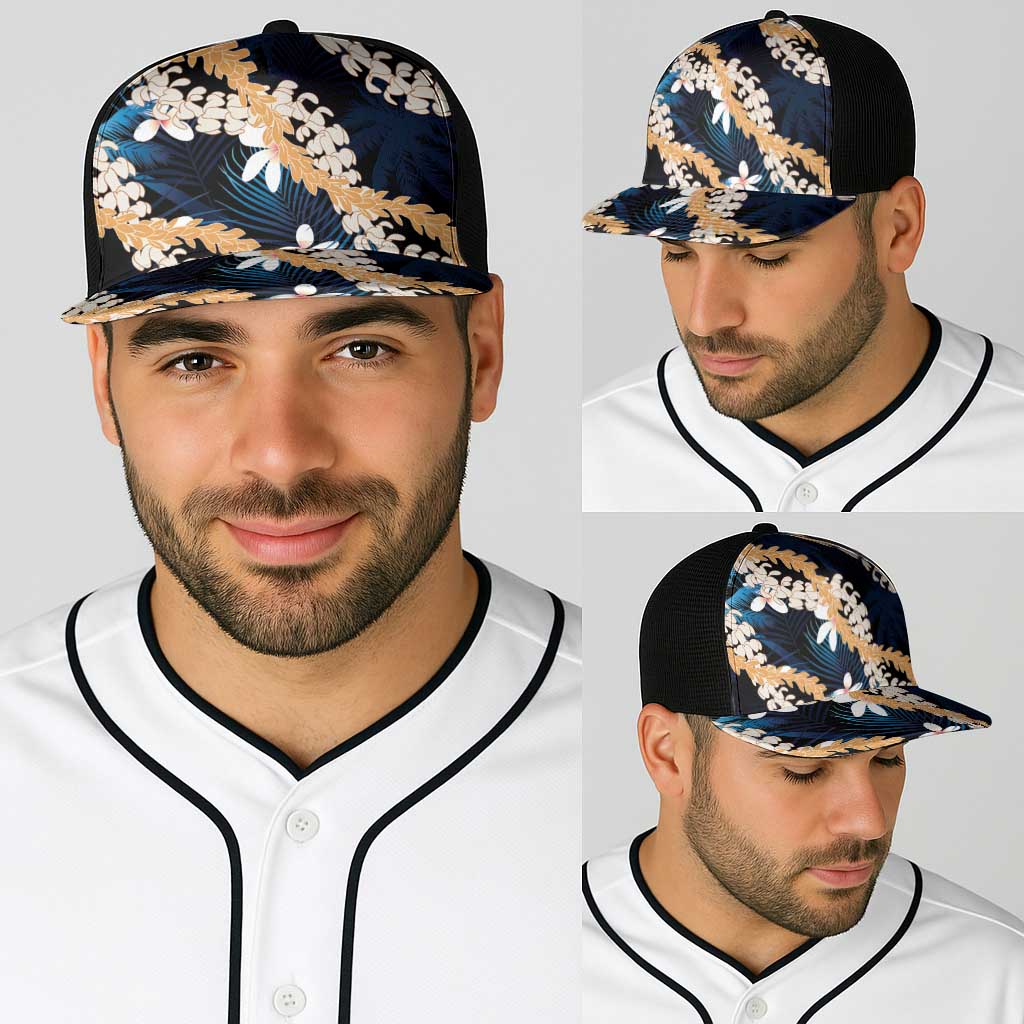 Puakenikeni Maile Lei Baseball Net Cap Frangipani Blue Tropical Leaves