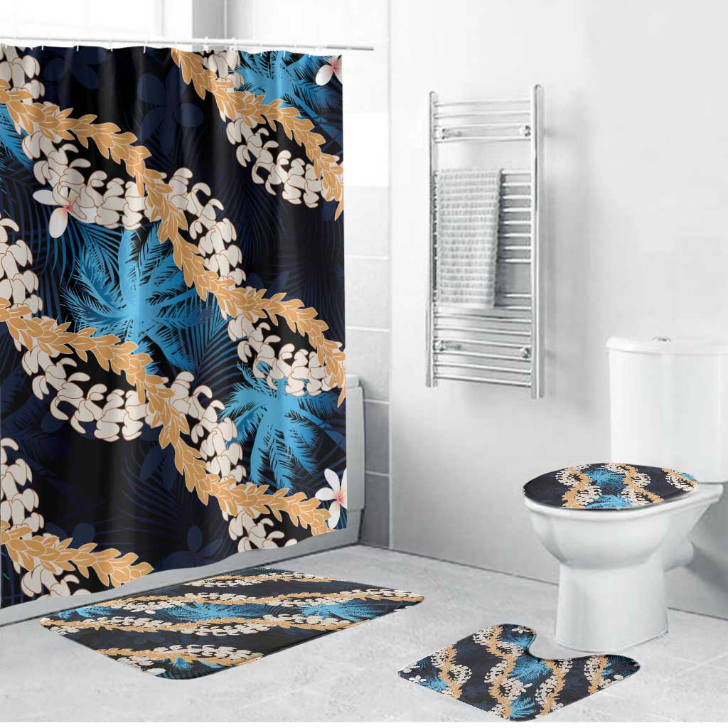Puakenikeni Maile Lei Bathroom Set Frangipani Blue Tropical Leaves LT01 Bathroom Set (4 pcs) Blue - Polynesian Pride