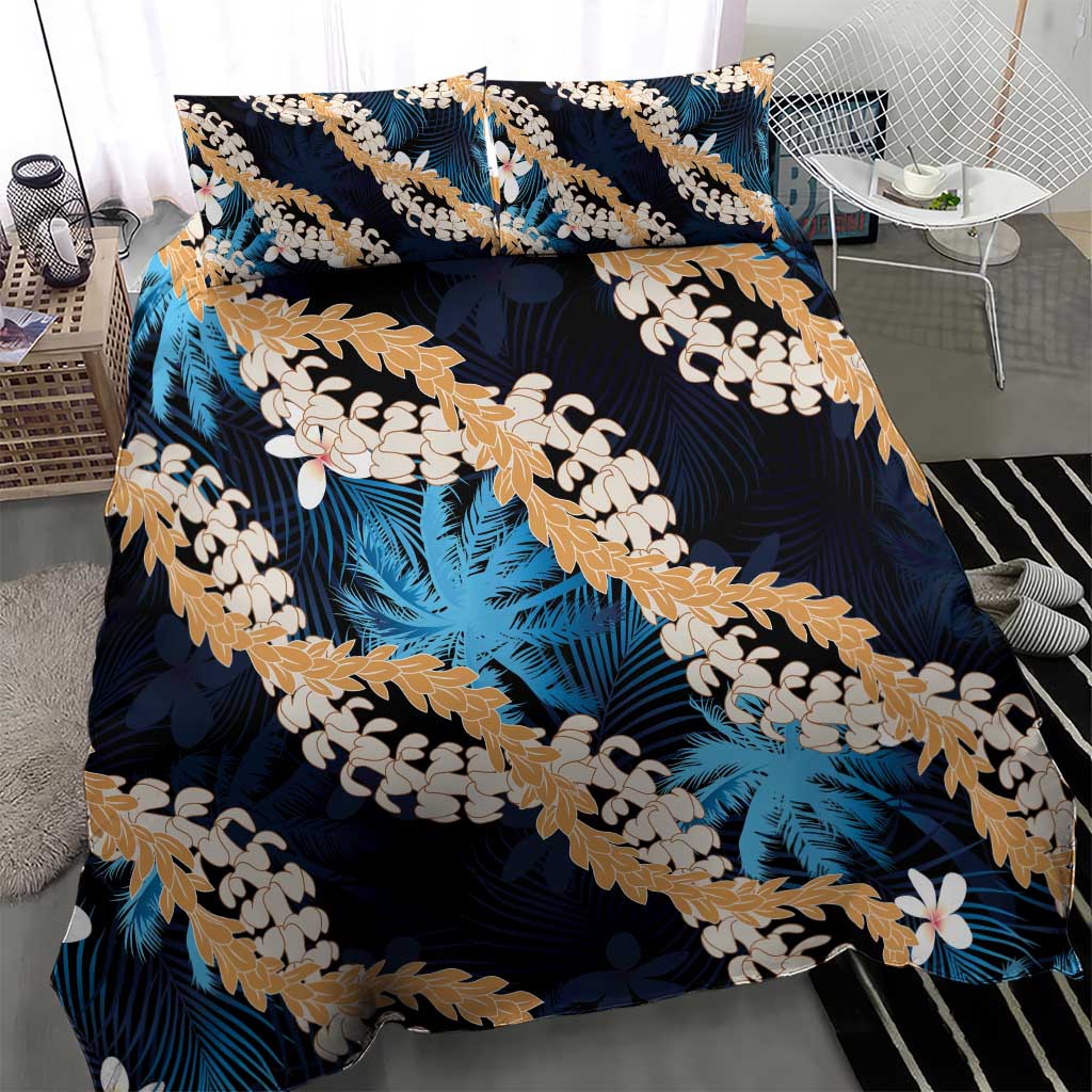 Puakenikeni Maile Lei Bedding Set Frangipani Blue Tropical Leaves LT01 - Polynesian Pride