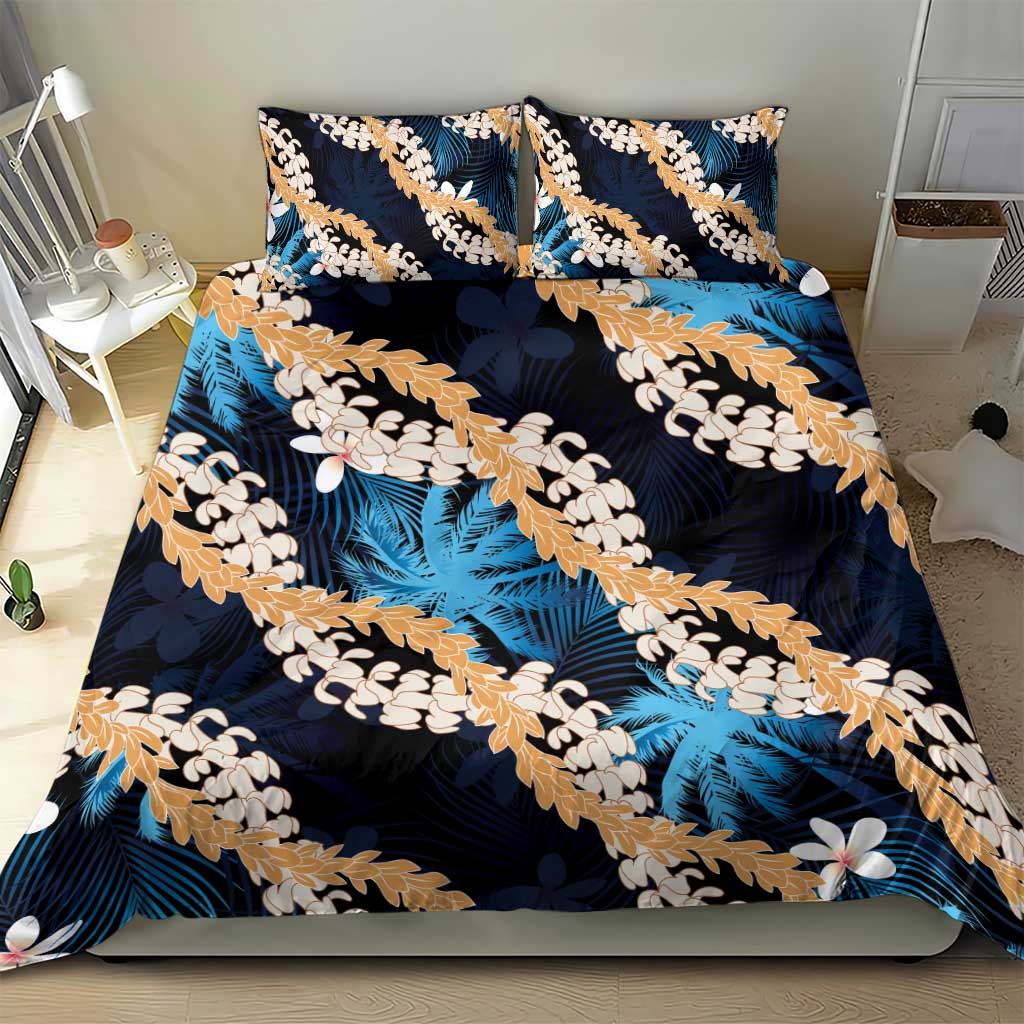 Puakenikeni Maile Lei Bedding Set Frangipani Blue Tropical Leaves LT01 - Polynesian Pride