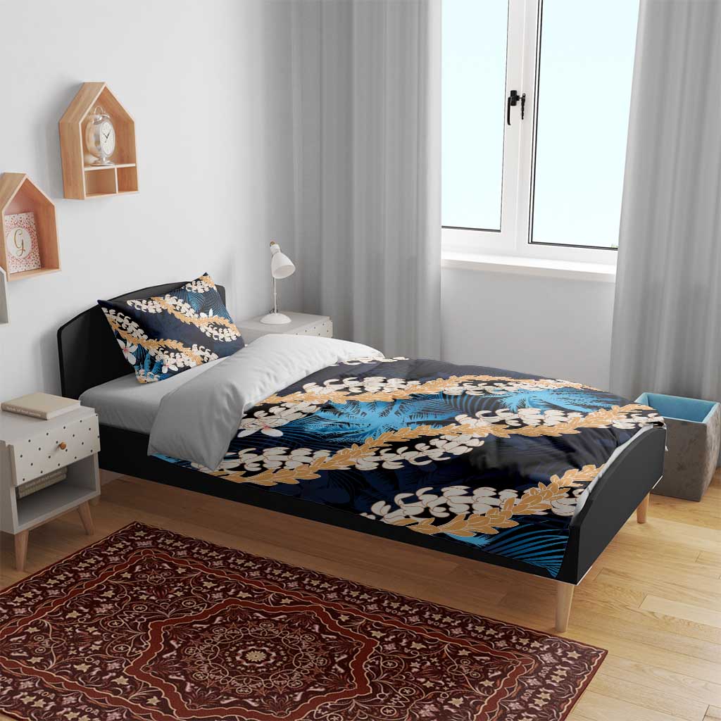 Puakenikeni Maile Lei Bedding Set Frangipani Blue Tropical Leaves LT01 - Polynesian Pride