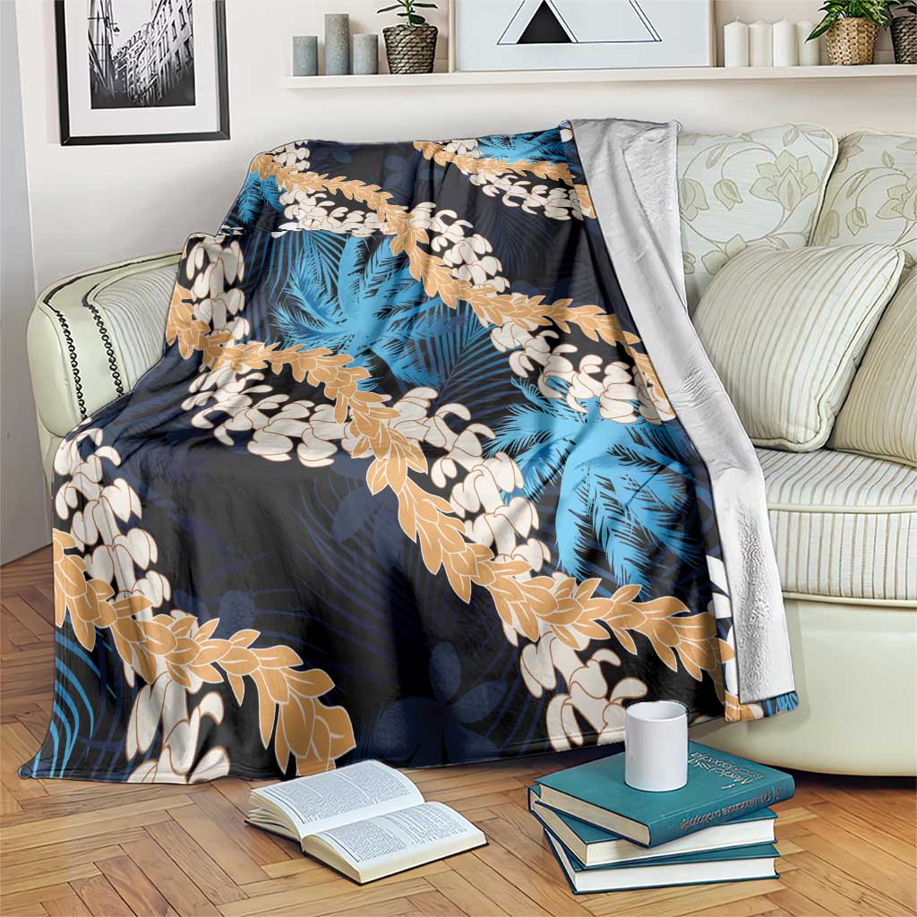 Puakenikeni Maile Lei Blanket Frangipani Blue Tropical Leaves LT01 Blue - Polynesian Pride