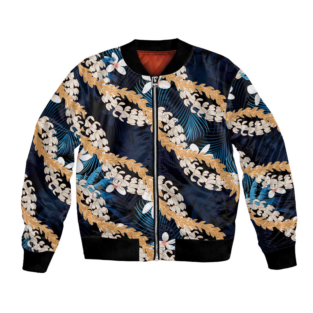 Puakenikeni Maile Lei Bomber Jacket Frangipani Blue Tropical Leaves LT01 Unisex Blue - Polynesian Pride