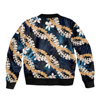 Puakenikeni Maile Lei Bomber Jacket Frangipani Blue Tropical Leaves LT01 - Polynesian Pride