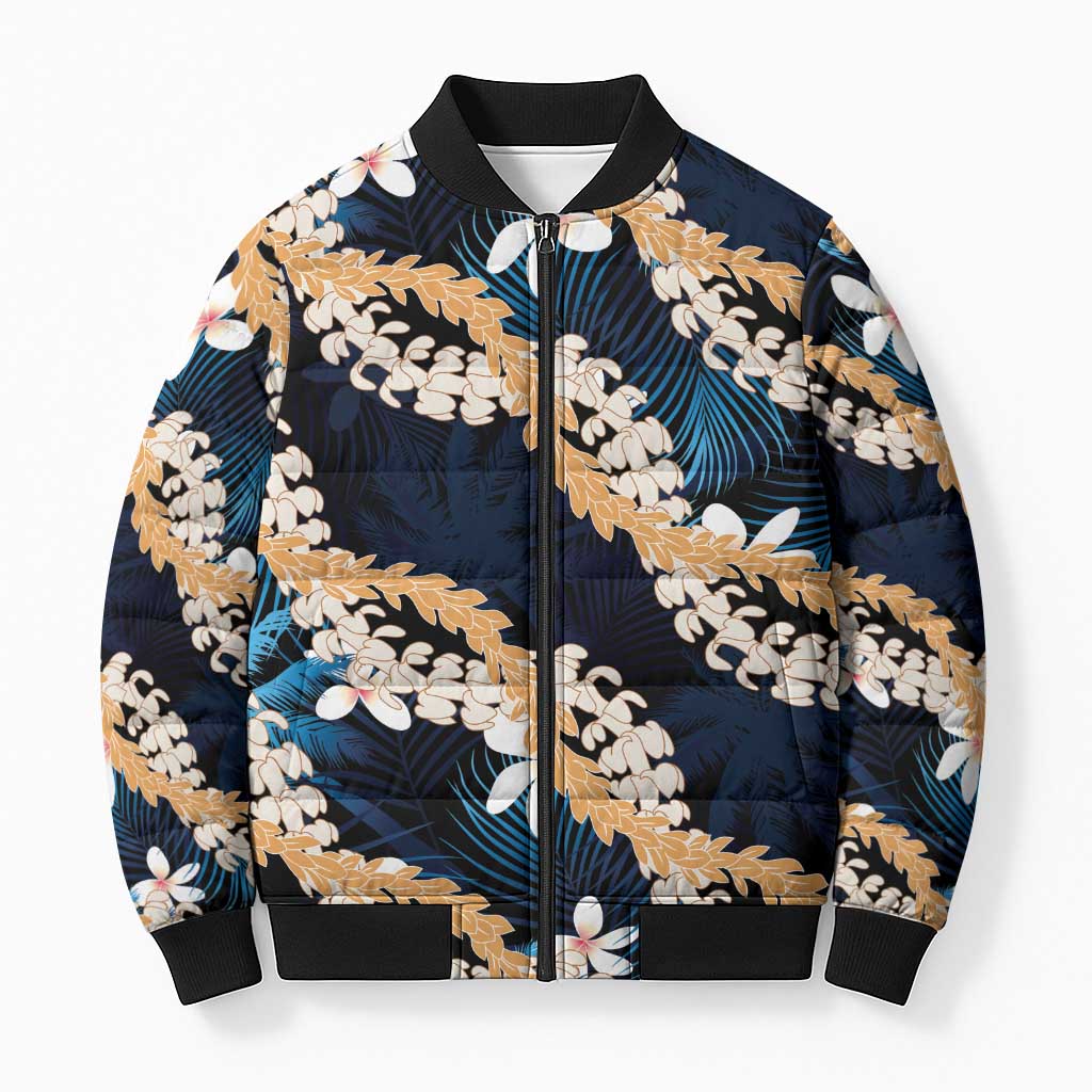 Puakenikeni Maile Lei Bomber Puffer Jacket Frangipani Blue Tropical Leaves LT01 Unisex Blue - Polynesian Pride