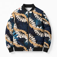 Puakenikeni Maile Lei Bomber Puffer Jacket Frangipani Blue Tropical Leaves LT01 Unisex Blue - Polynesian Pride