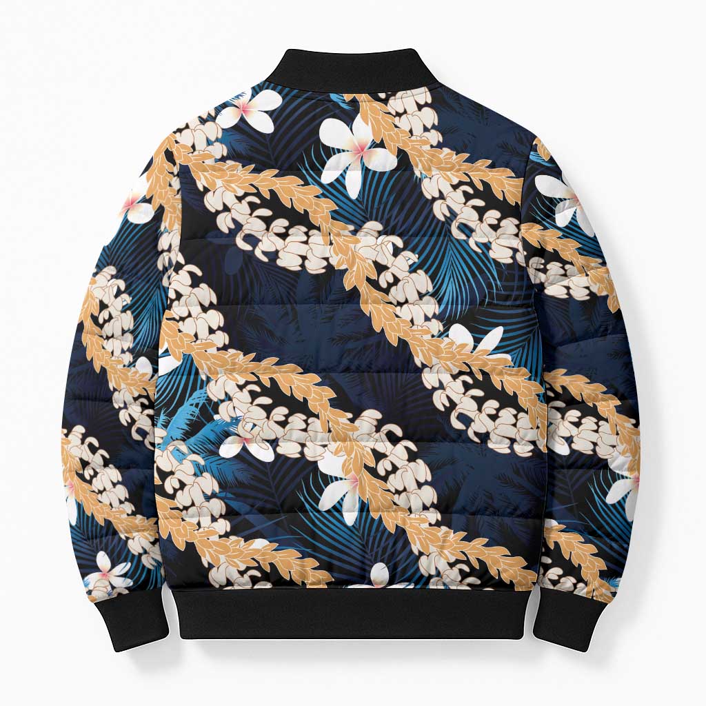 Puakenikeni Maile Lei Bomber Puffer Jacket Frangipani Blue Tropical Leaves LT01 - Polynesian Pride