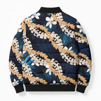 Puakenikeni Maile Lei Bomber Puffer Jacket Frangipani Blue Tropical Leaves LT01 - Polynesian Pride