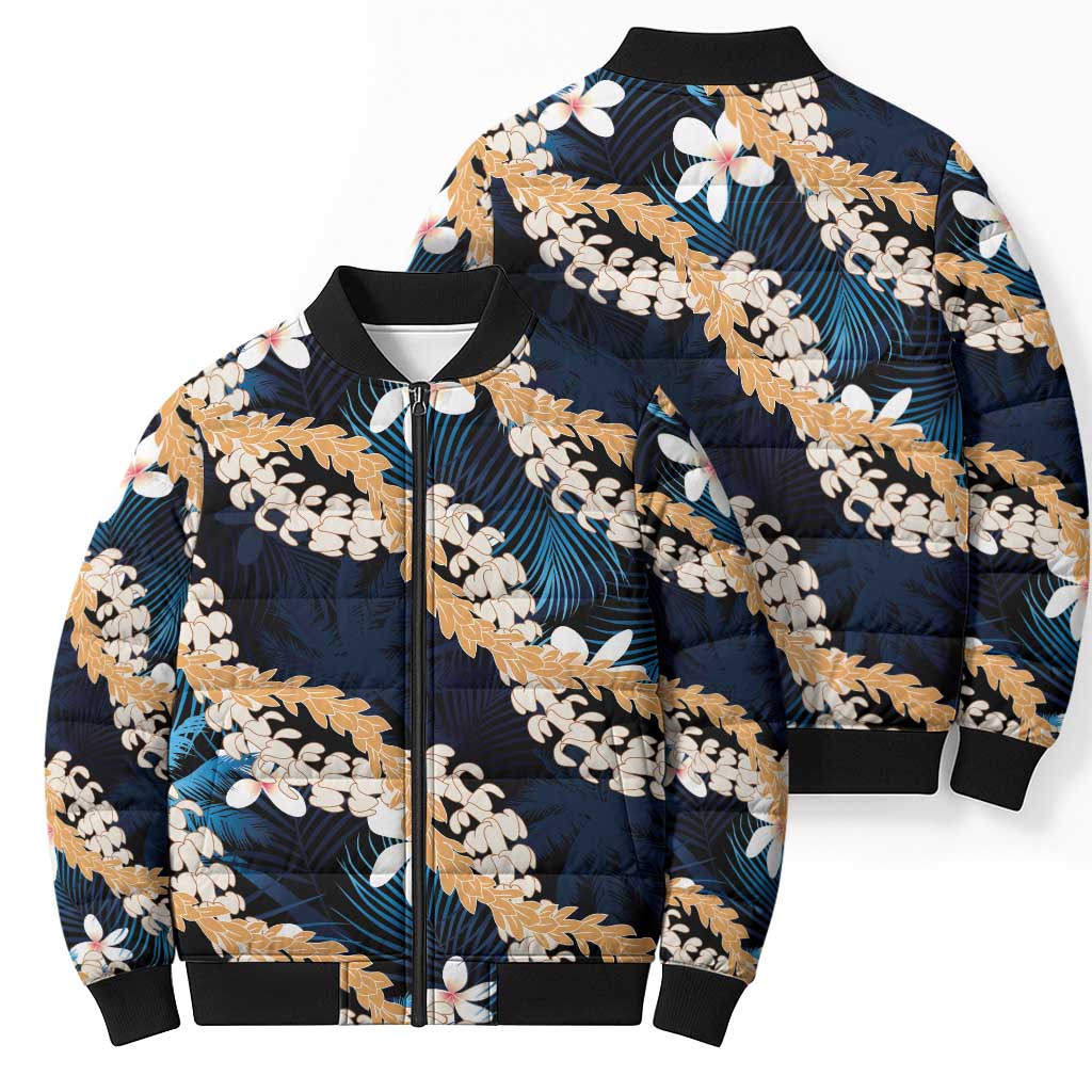 Puakenikeni Maile Lei Bomber Puffer Jacket Frangipani Blue Tropical Leaves LT01 - Polynesian Pride