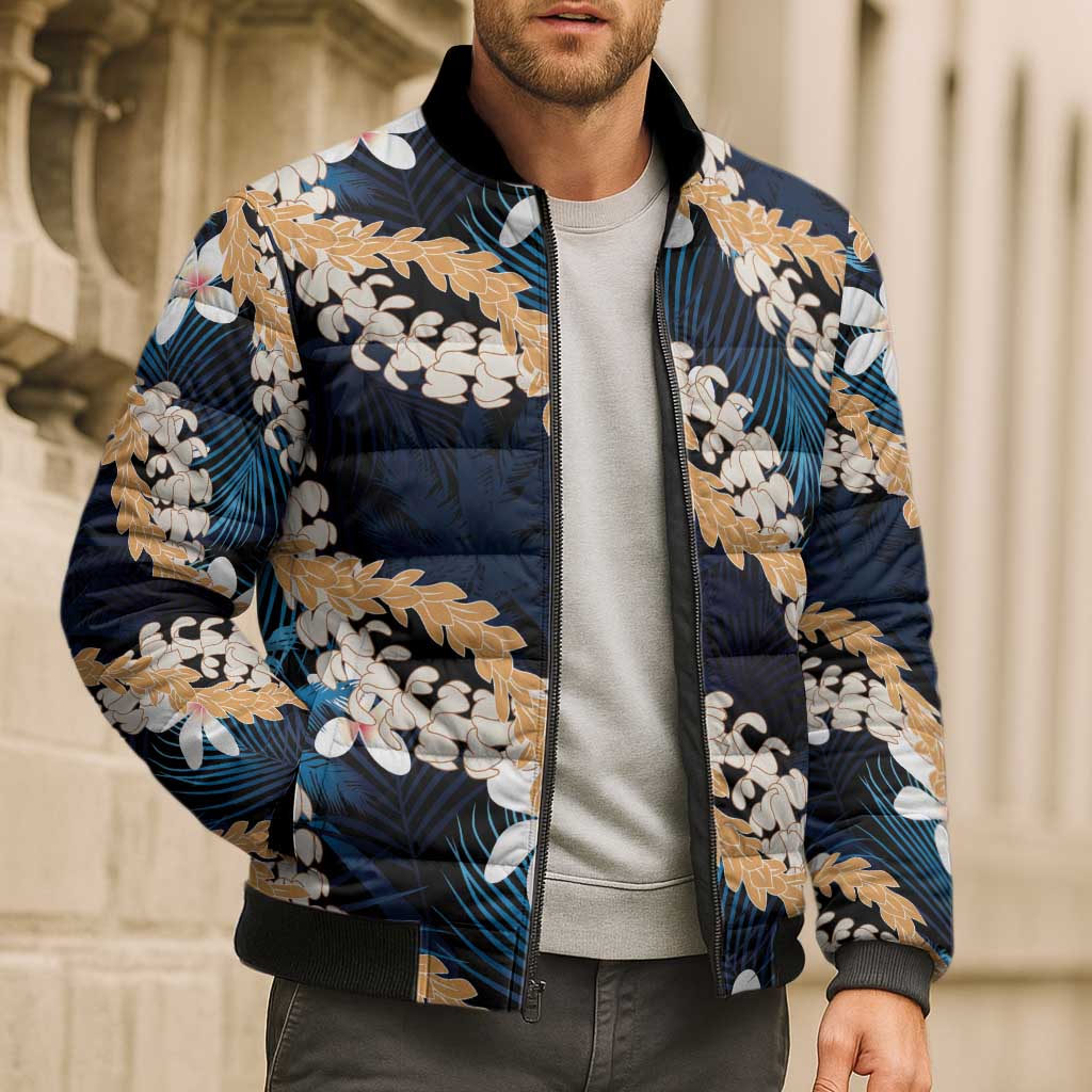 Puakenikeni Maile Lei Bomber Puffer Jacket Frangipani Blue Tropical Leaves LT01 - Polynesian Pride
