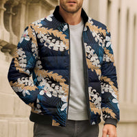 Puakenikeni Maile Lei Bomber Puffer Jacket Frangipani Blue Tropical Leaves LT01 - Polynesian Pride