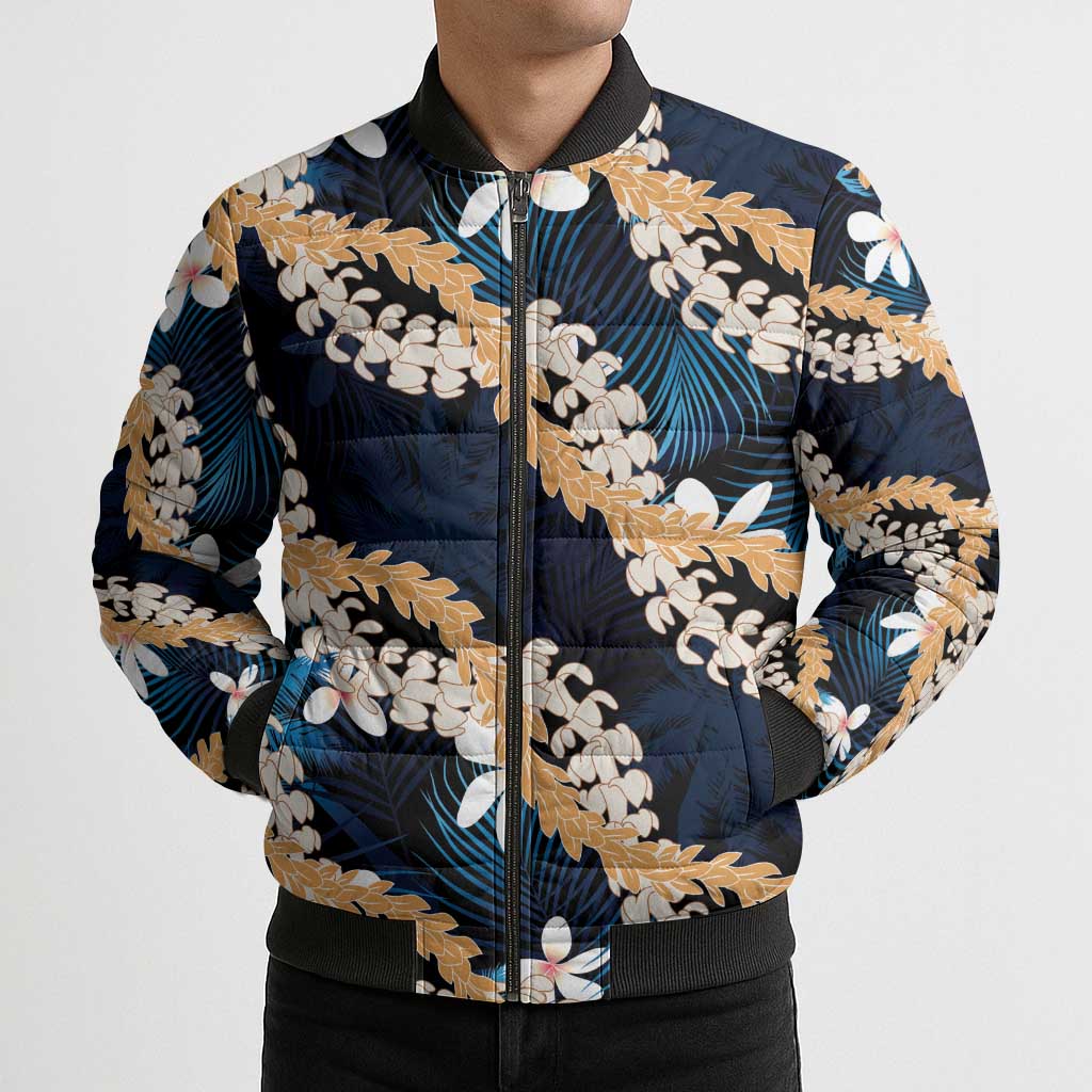 Puakenikeni Maile Lei Bomber Puffer Jacket Frangipani Blue Tropical Leaves LT01 - Polynesian Pride