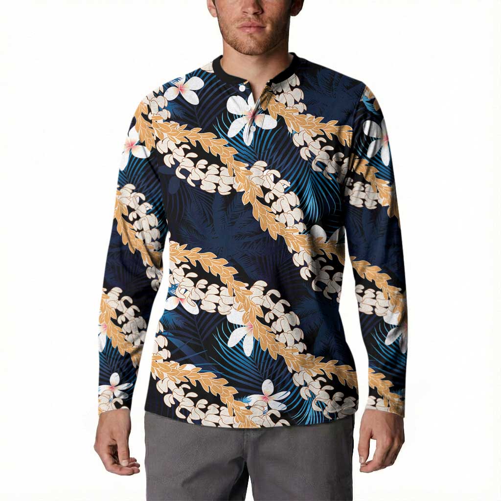 Puakenikeni Maile Lei Button Sweatshirt Frangipani Blue Tropical Leaves LT01 - Polynesian Pride