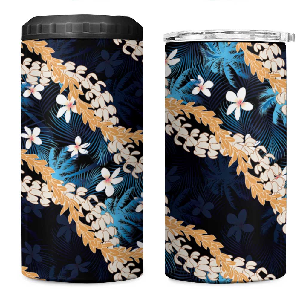 Puakenikeni Maile Lei 4 in 1 Can Cooler Tumbler Frangipani Blue Tropical Leaves LT01 One Size: 16 oz Blue - Polynesian Pride