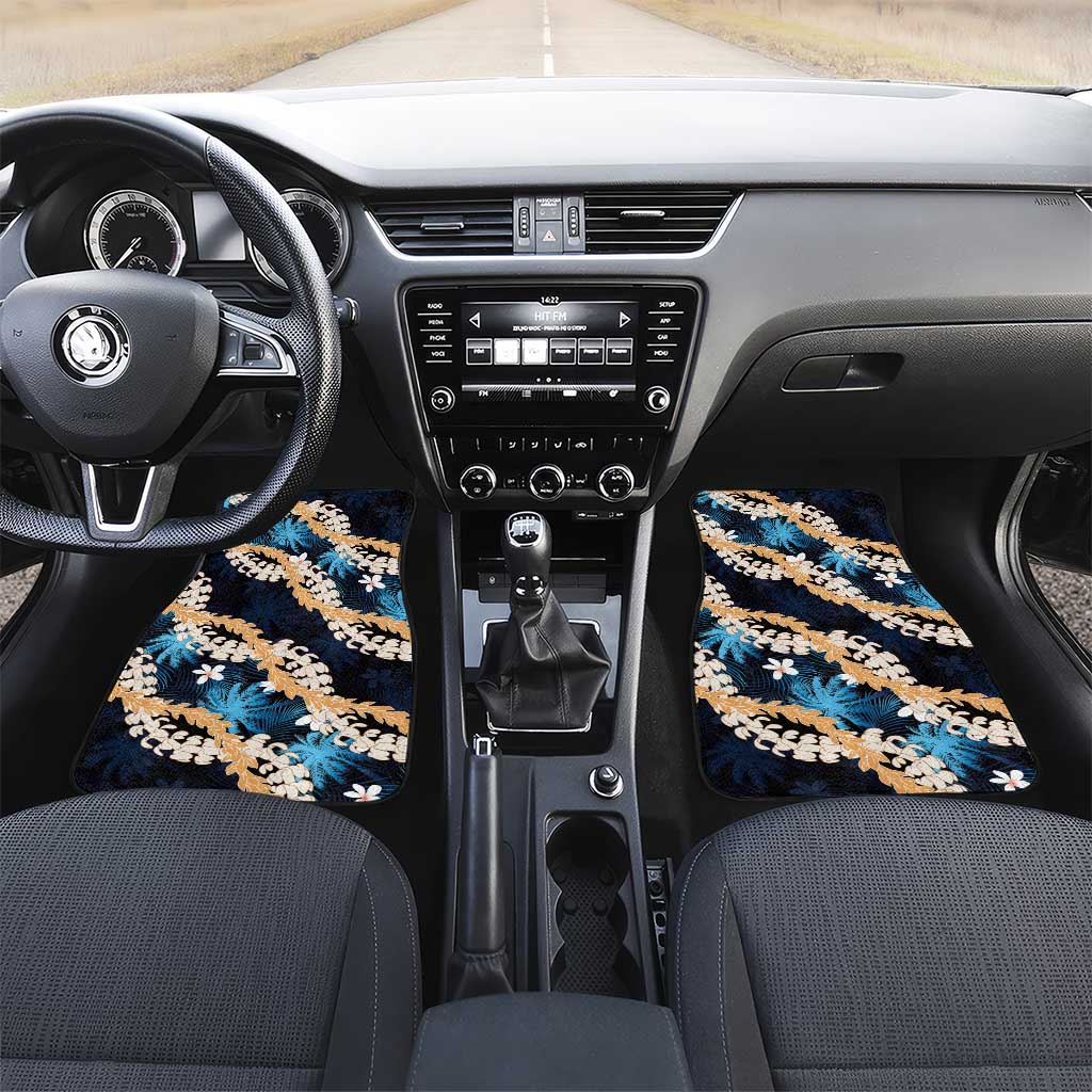 Puakenikeni Maile Lei Car Mats Frangipani Blue Tropical Leaves LT01 Set 2pcs - Front Blue - Polynesian Pride