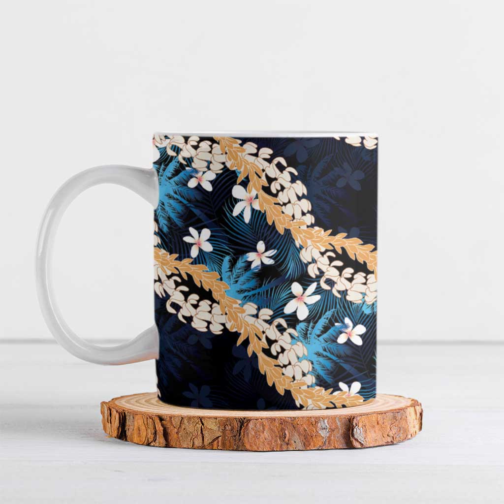 Puakenikeni Maile Lei Ceramic Mug Frangipani Blue Tropical Leaves LT01 Blue - Polynesian Pride