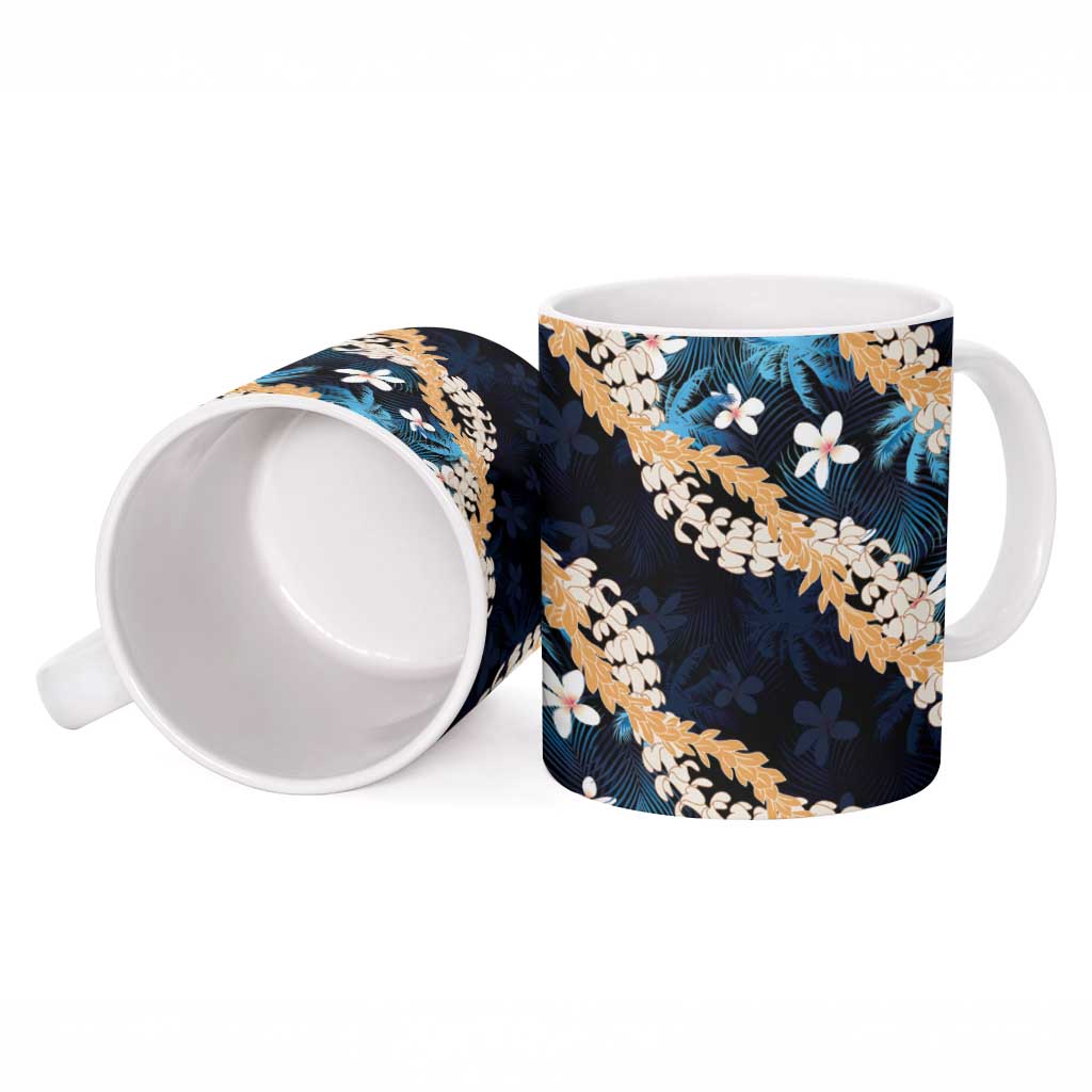 Puakenikeni Maile Lei Ceramic Mug Frangipani Blue Tropical Leaves LT01 - Polynesian Pride