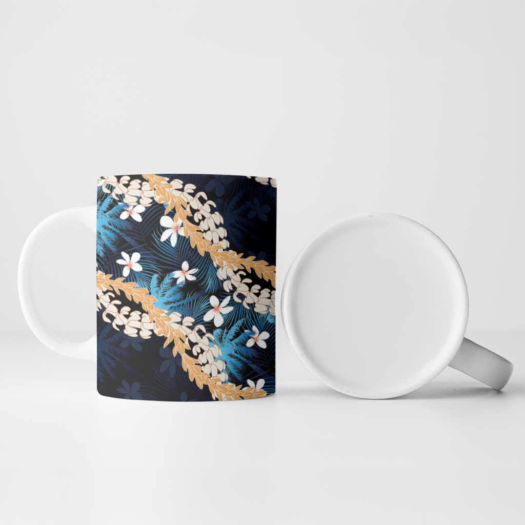 Puakenikeni Maile Lei Ceramic Mug Frangipani Blue Tropical Leaves LT01 - Polynesian Pride