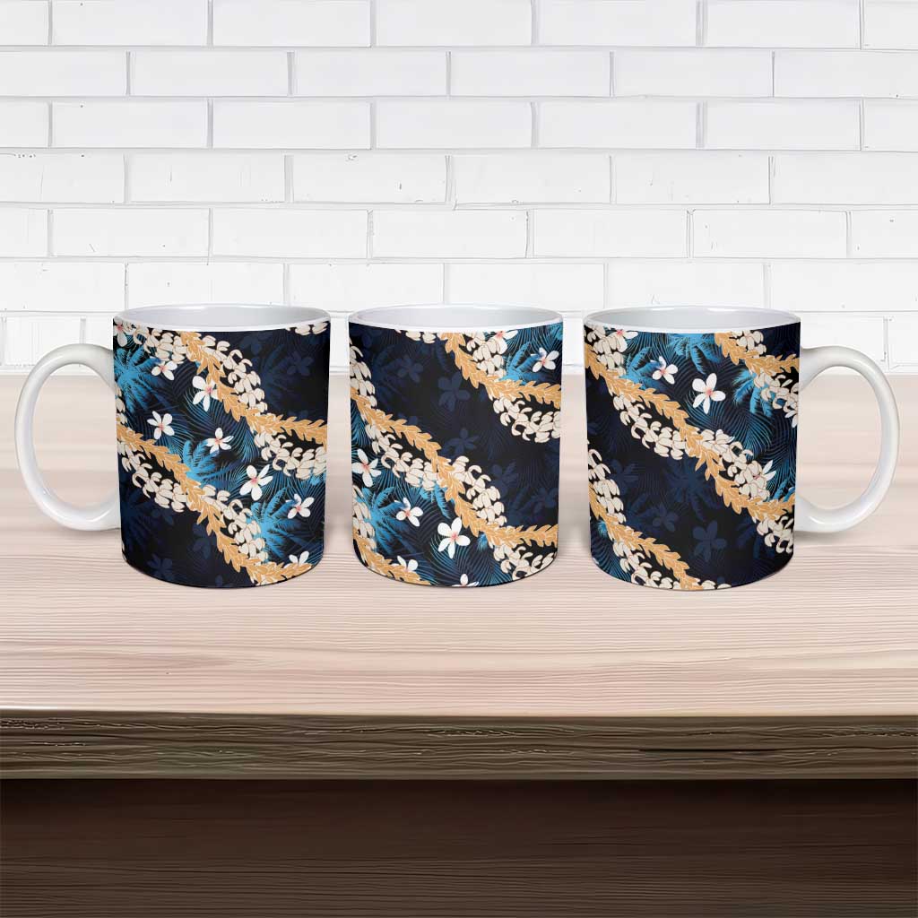 Puakenikeni Maile Lei Ceramic Mug Frangipani Blue Tropical Leaves LT01 - Polynesian Pride