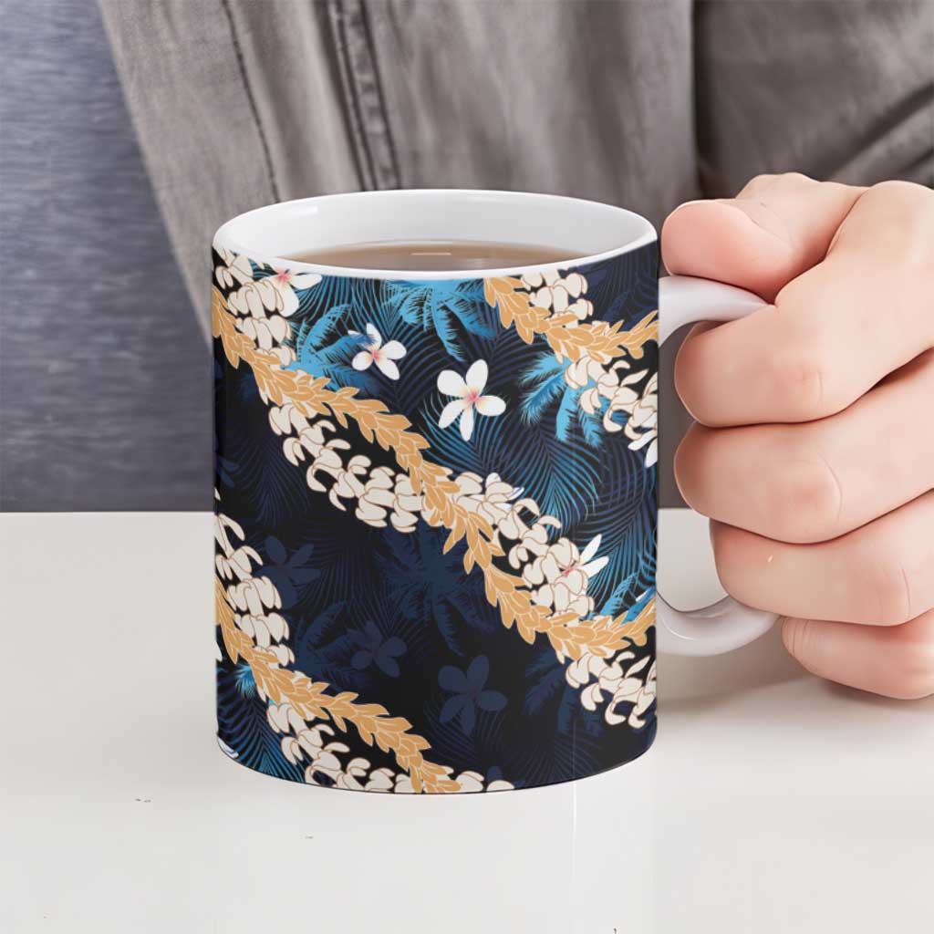 Puakenikeni Maile Lei Ceramic Mug Frangipani Blue Tropical Leaves LT01 - Polynesian Pride