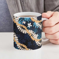 Puakenikeni Maile Lei Ceramic Mug Frangipani Blue Tropical Leaves LT01 - Polynesian Pride