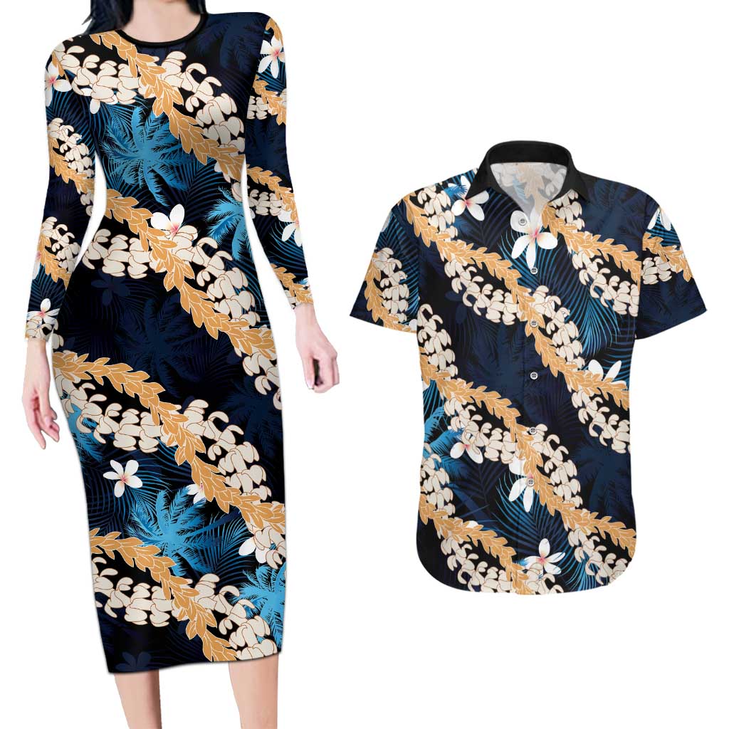 Puakenikeni Maile Lei Couples Matching Long Sleeve Bodycon Dress and Hawaiian Shirt Frangipani Blue Tropical Leaves