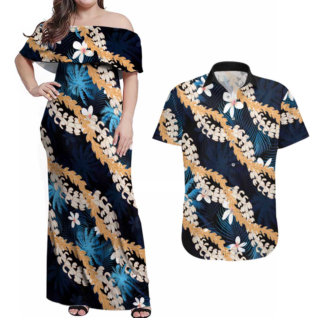 Puakenikeni Maile Lei Couples Matching Off Shoulder Maxi Dress and Hawaiian Shirt Frangipani Blue Tropical Leaves LT01 Blue - Polynesian Pride